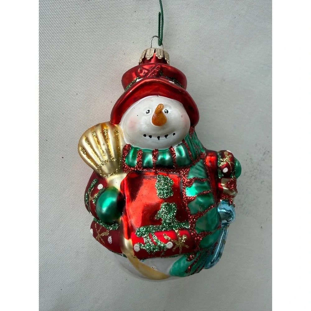 Red Green Blown Glass Snowman Christmas Ornament Glitter Accents 4 Inch Holiday